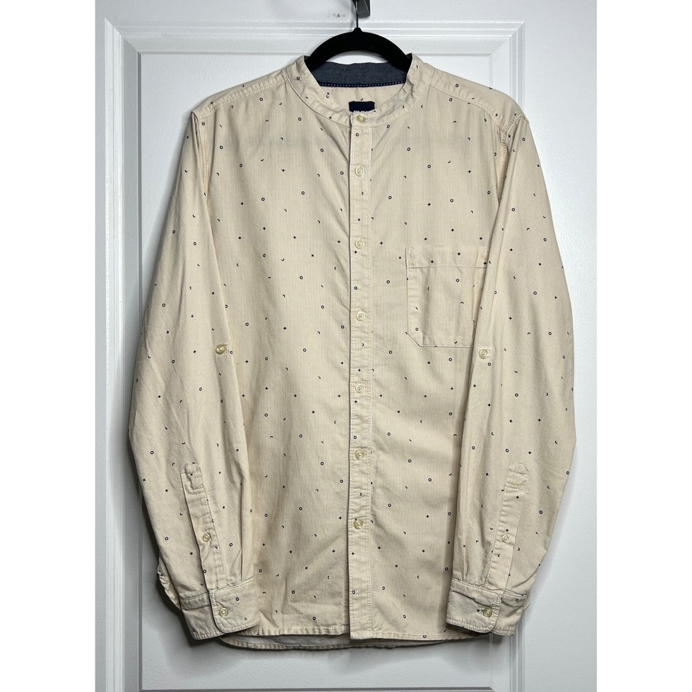 MAX Mens M Corduroy Shirt Band Collar Roll Tab Sleeve Geometric Cream Yellow